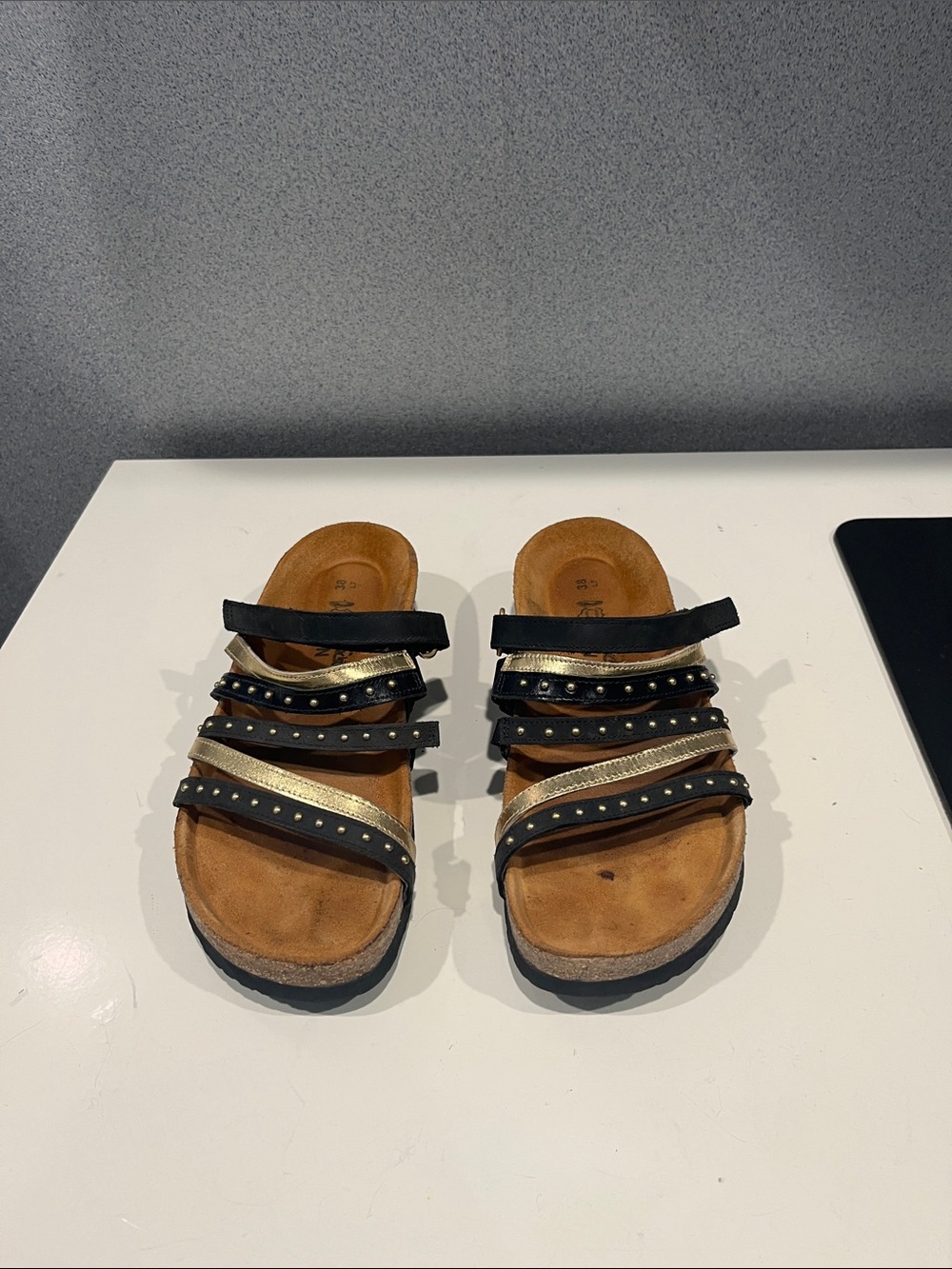 Naot Multi-strap Black and Gold Studded Slide Sandals